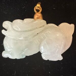 Elegant Vintage Carved White Jade or Icy Jadeite (?) Pendant With Gold-Tone Bale